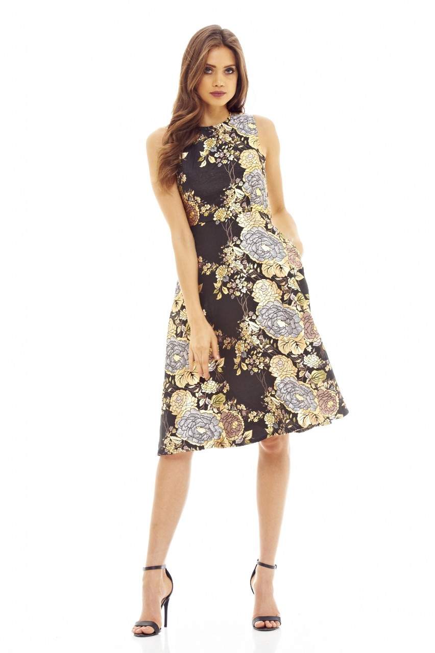 Black Floral Skater Dress with Metallic Detail - Image 2