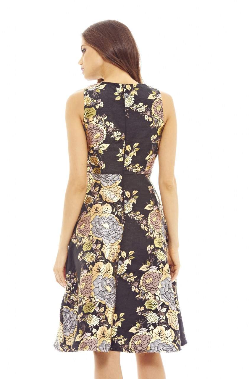 Black Floral Skater Dress with Metallic Detail - Image 3
