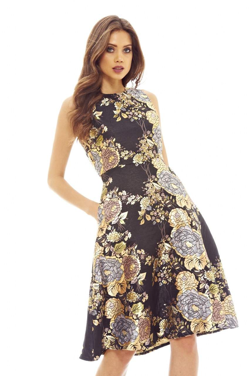 Black Floral Skater Dress with Metallic Detail - Image 5