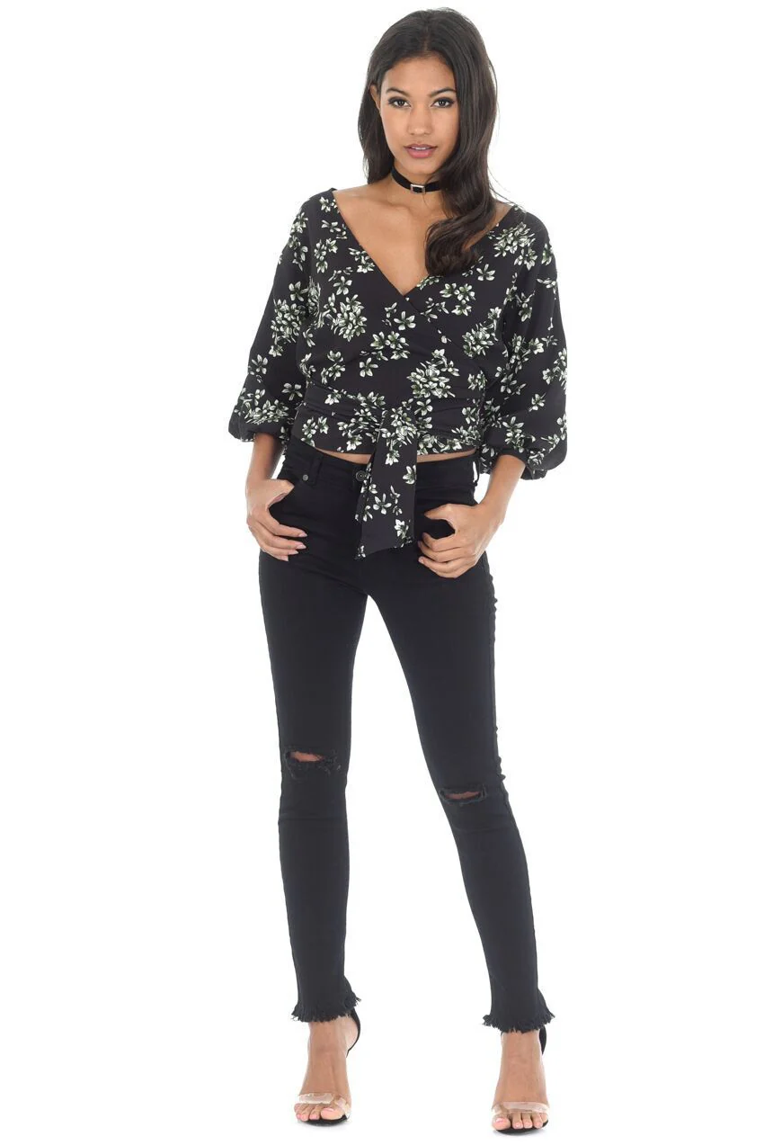 Black Floral Tie Bell Sleeved Top - Image 2