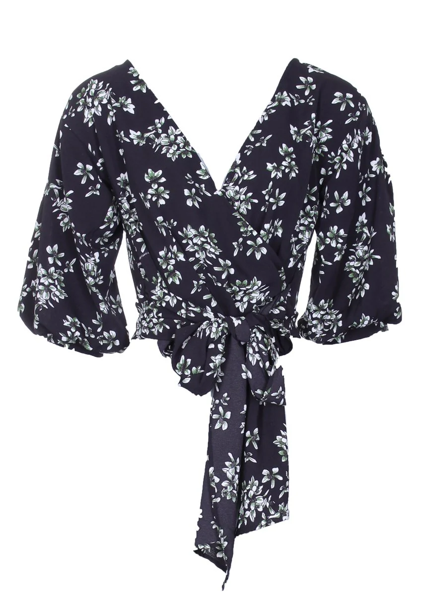 Black Floral Tie Bell Sleeved Top - Image 4