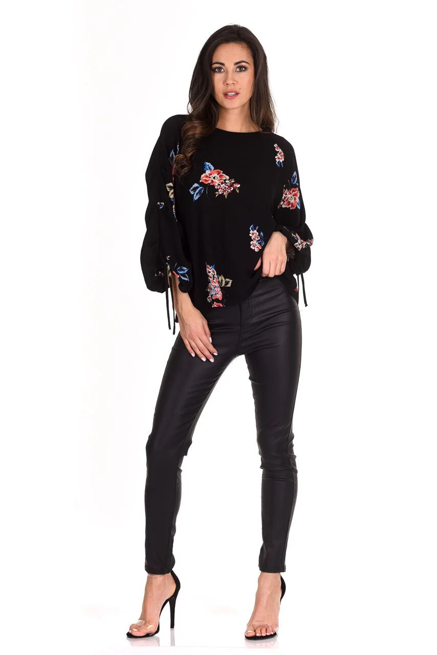 Black Floral Tie Sleeve Top - Image 2