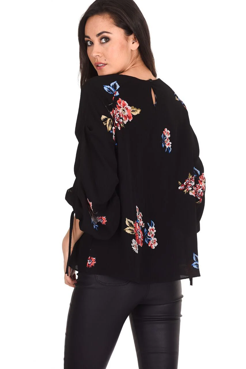 Black Floral Tie Sleeve Top - Image 3