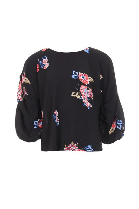 Black Floral Tie Sleeve Top - Image 4