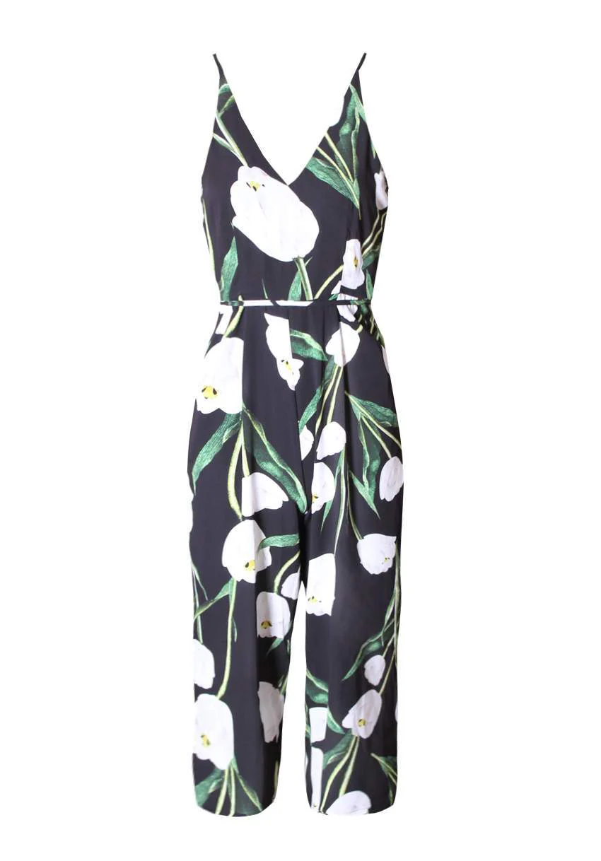 Black Floral Tie-Waist Jumpsuit - Image 5