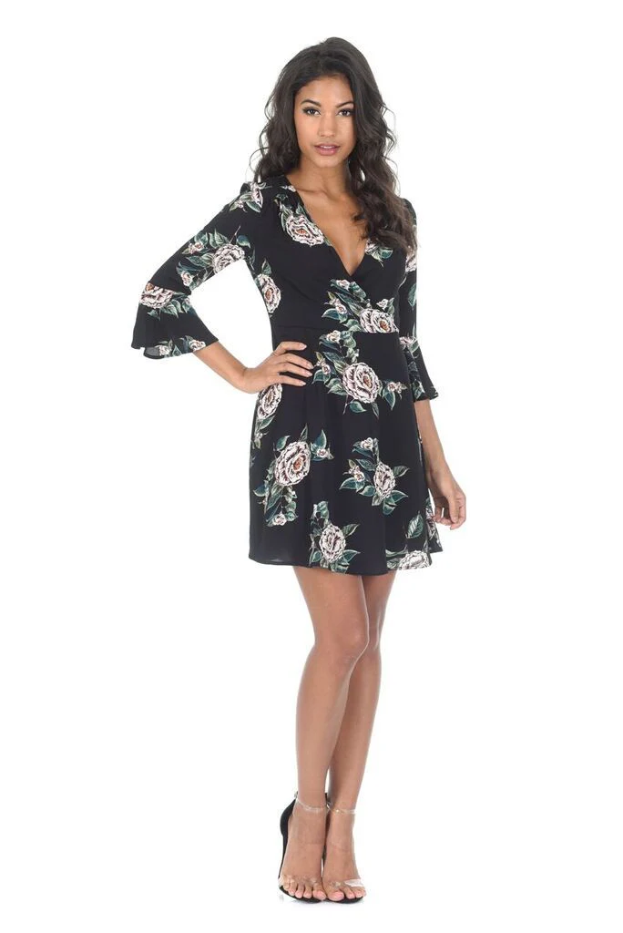 Black Floral V Neck Bell Sleeve Dress - Image 2