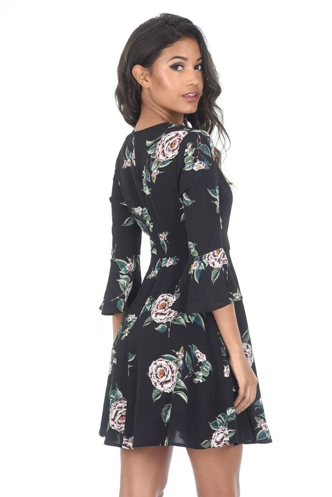 Black Floral V Neck Bell Sleeve Dress - Image 3
