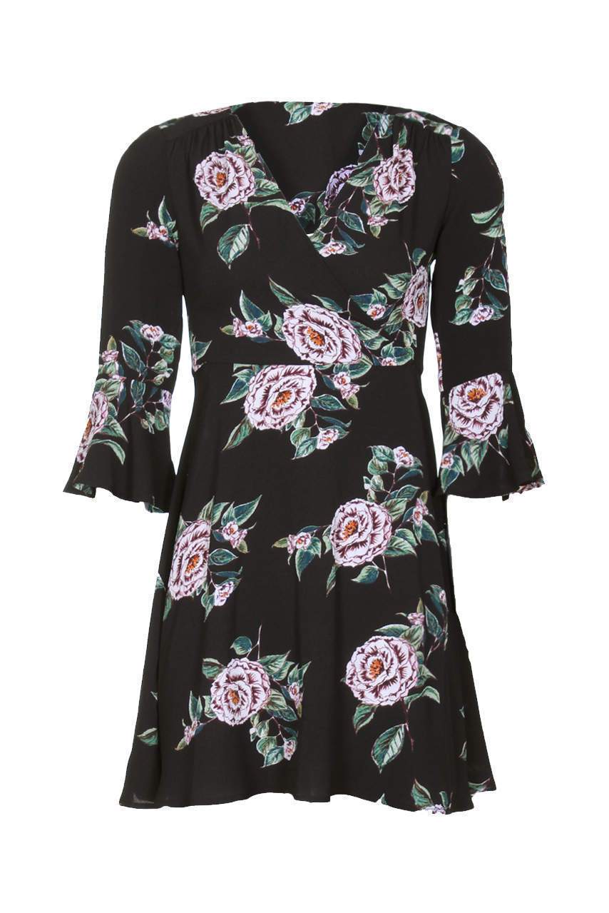 Black Floral V Neck Bell Sleeve Dress - Image 4