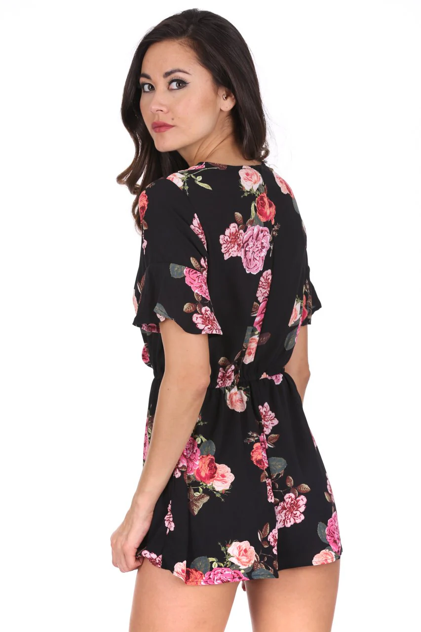 Black Floral V Neck Playsuit - Image 3