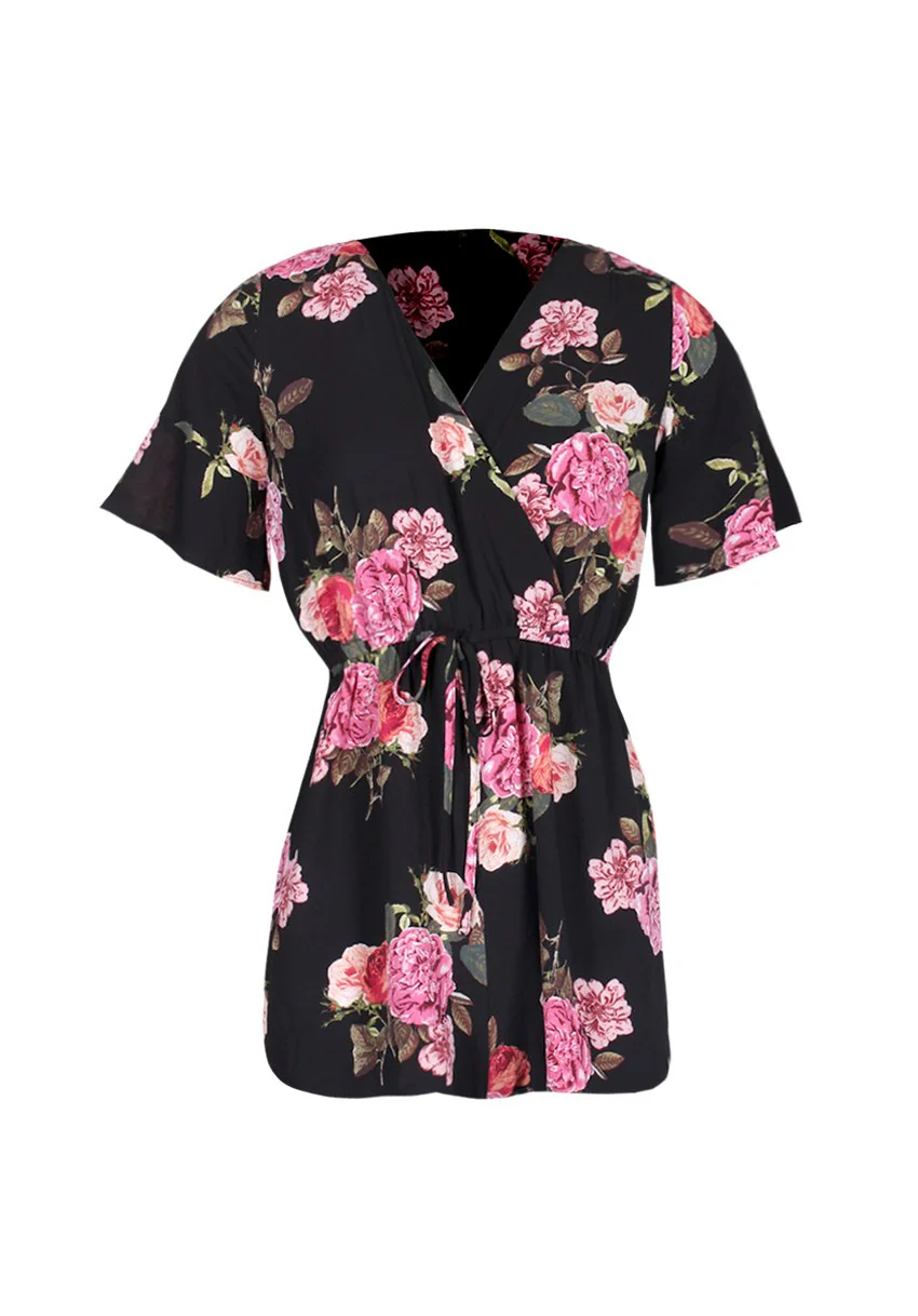 Black Floral V Neck Playsuit - Image 4