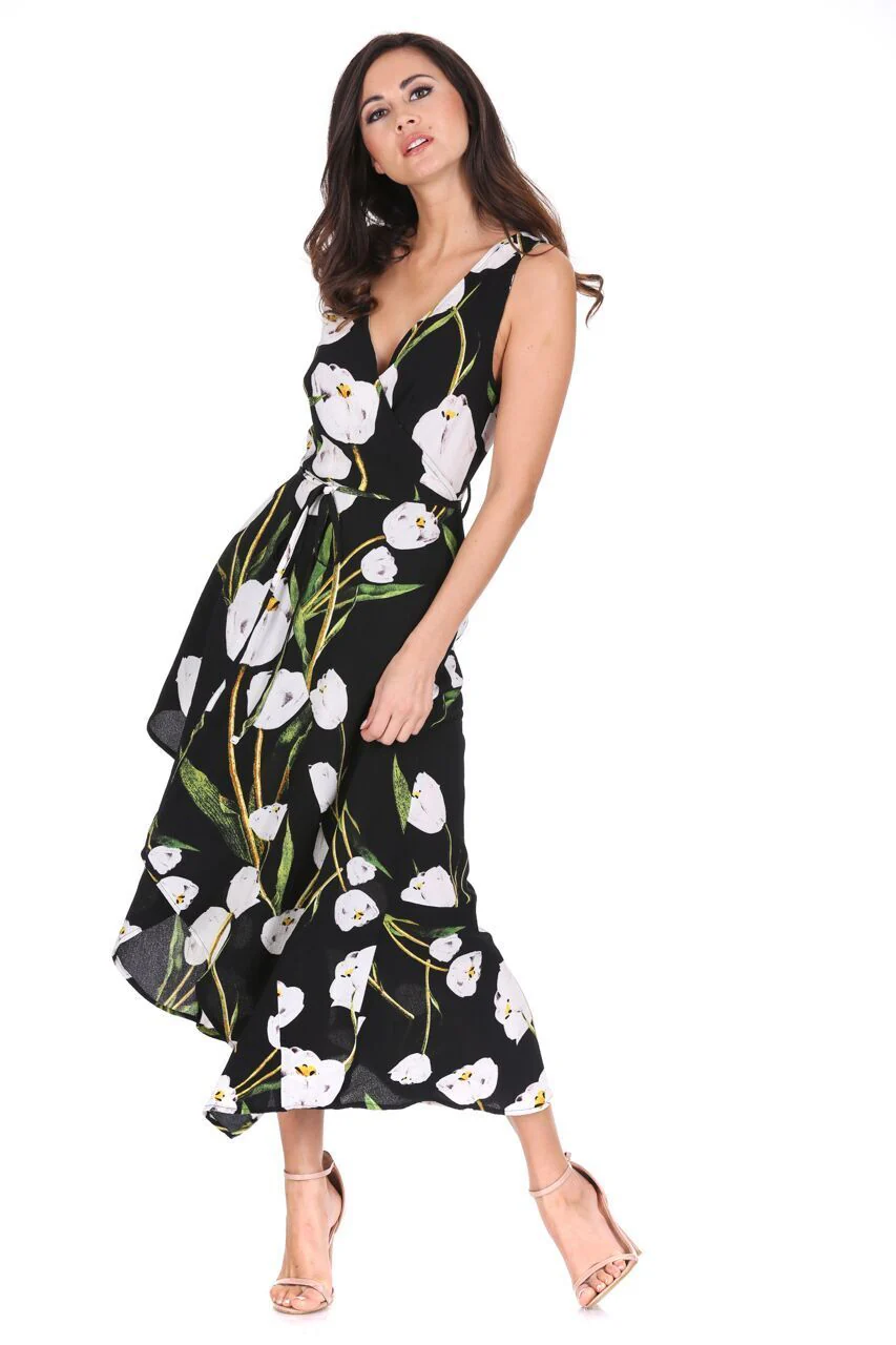 Black Floral V-Neck Wrap Over Dress - Image 2