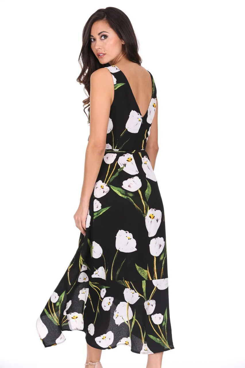 Black Floral V-Neck Wrap Over Dress - Image 3