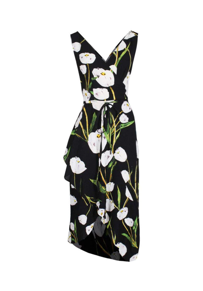 Black Floral V-Neck Wrap Over Dress - Image 4