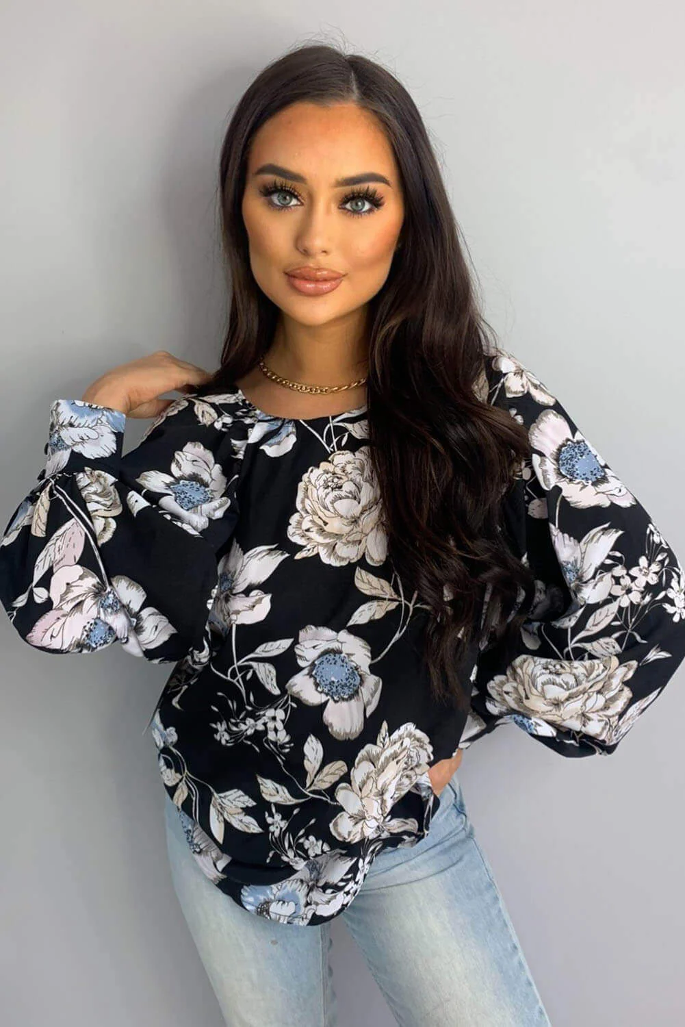 Black Floral Wide Sleeve Blouse - Image 2