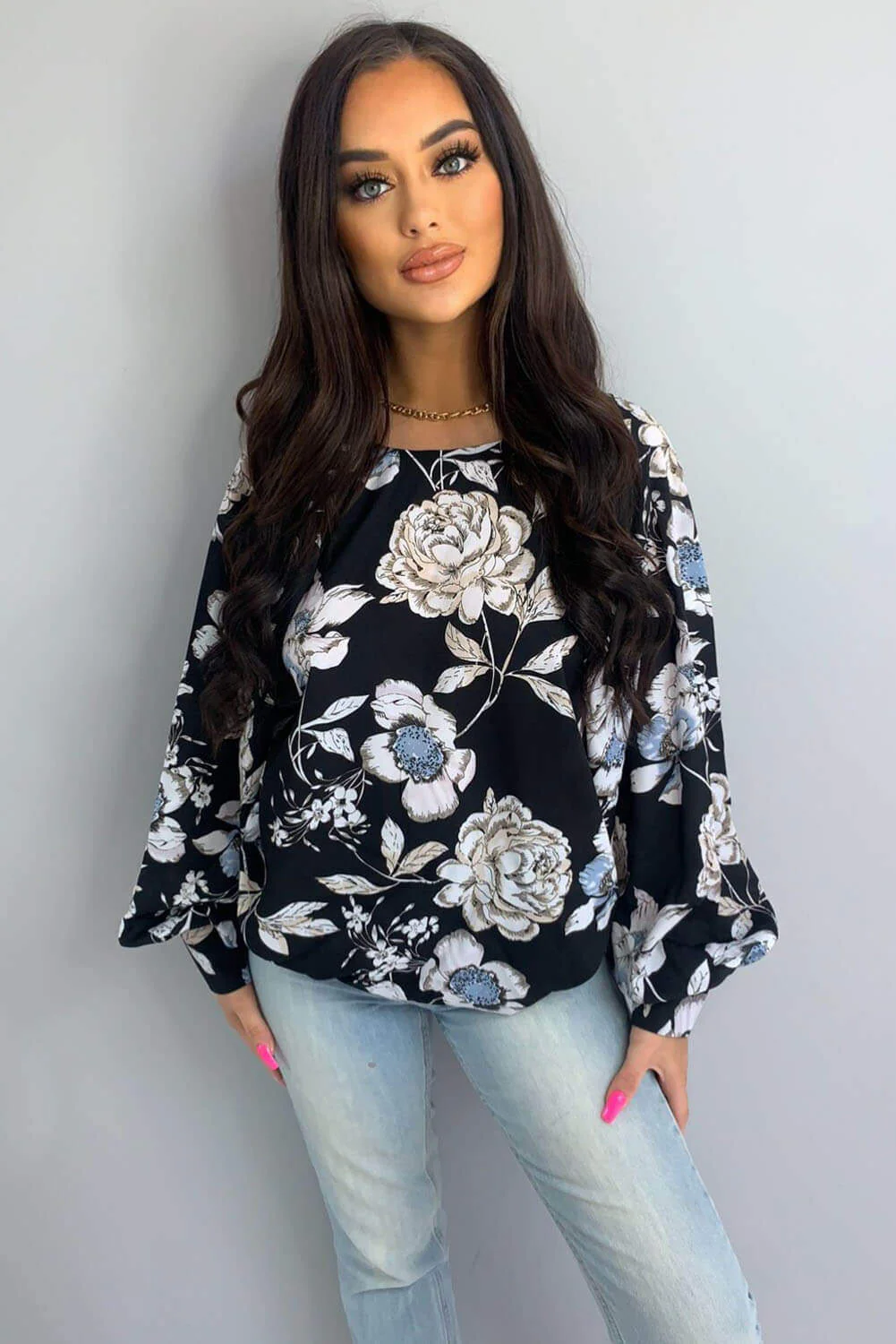 Black Floral Wide Sleeve Blouse - Image 3