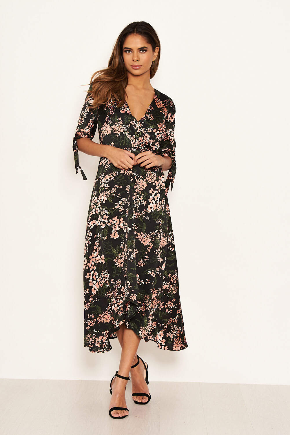 Black Floral Wrap Dress With Ties - Image 3