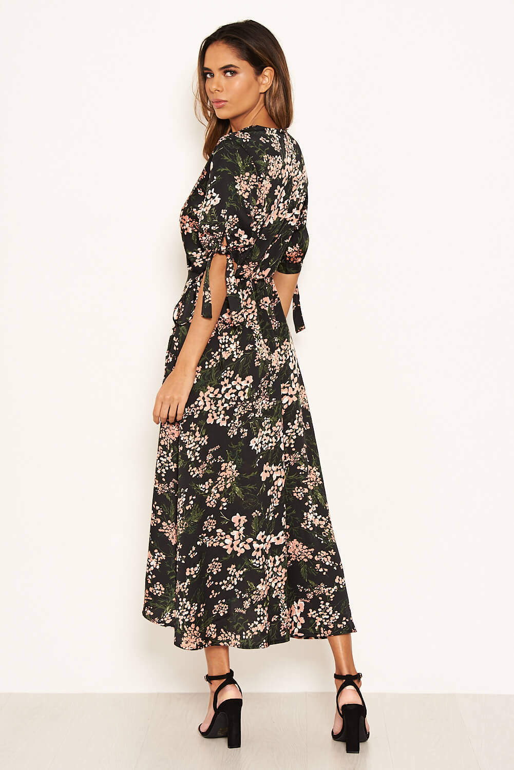 Black Floral Wrap Dress With Ties - Image 5