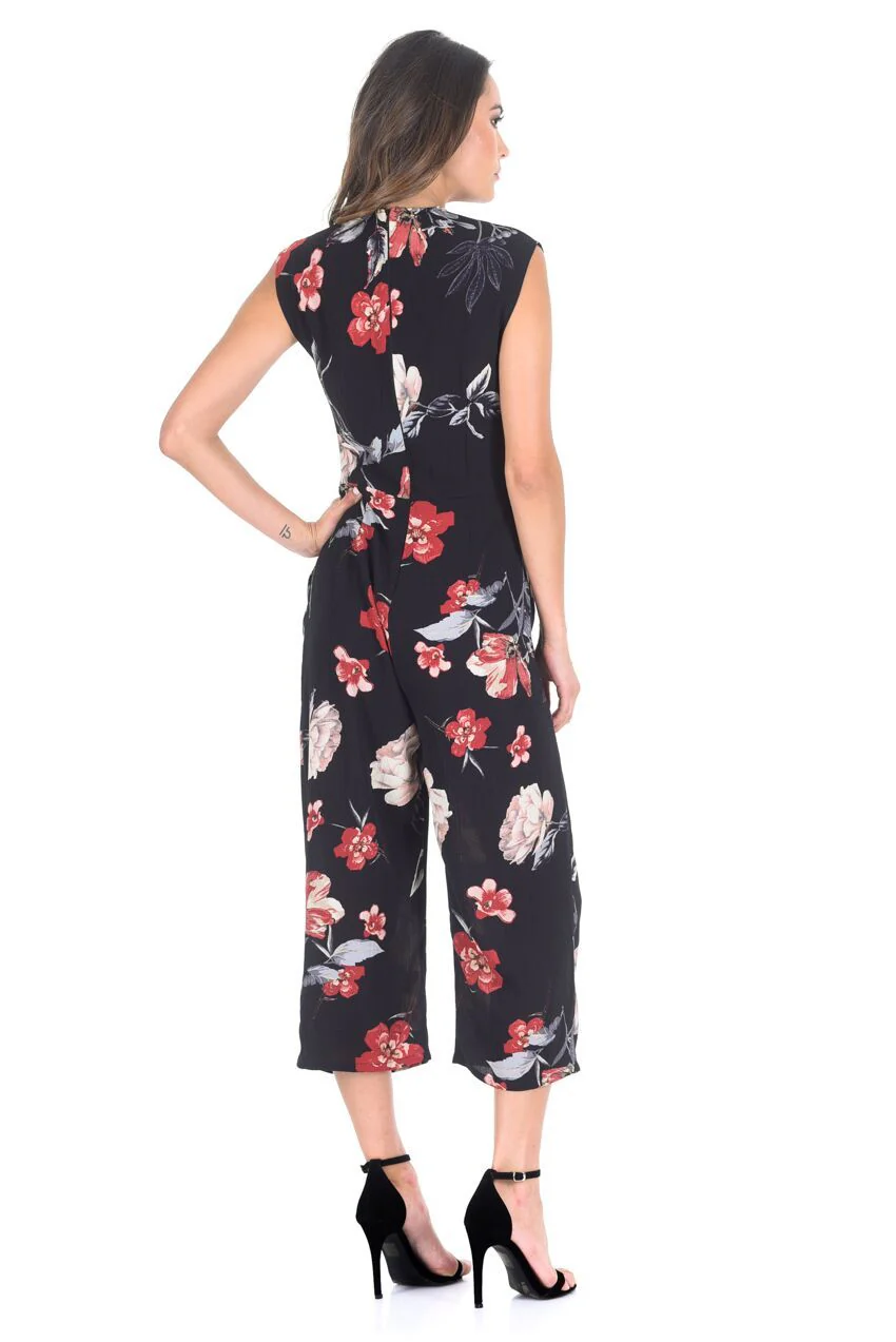 Black Floral Wrap Front Culotte Jumpsuit - Image 3