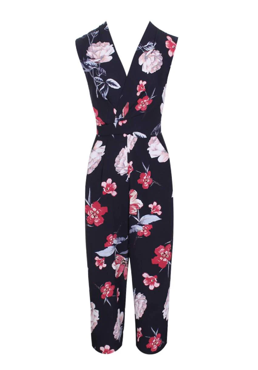 Black Floral Wrap Front Culotte Jumpsuit - Image 4