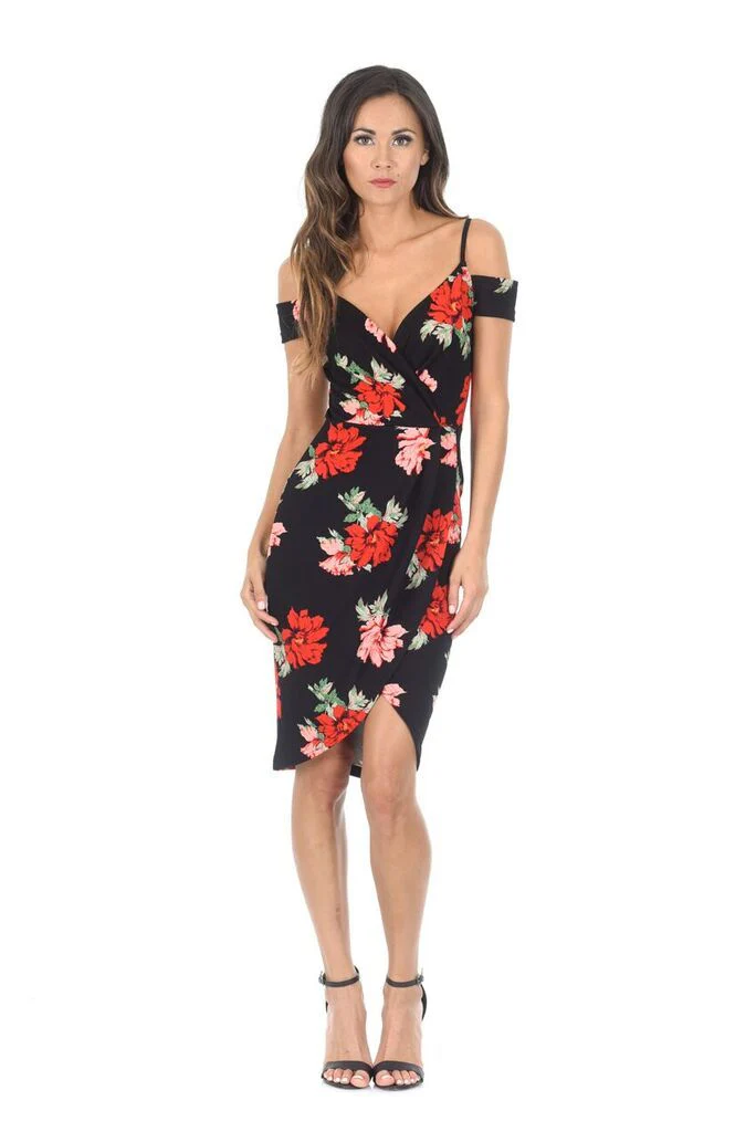 Black Floral Wrap Midi Dress - Image 2