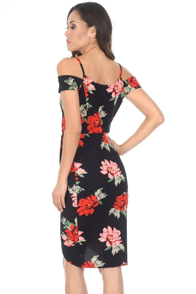 Black Floral Wrap Midi Dress - Image 3