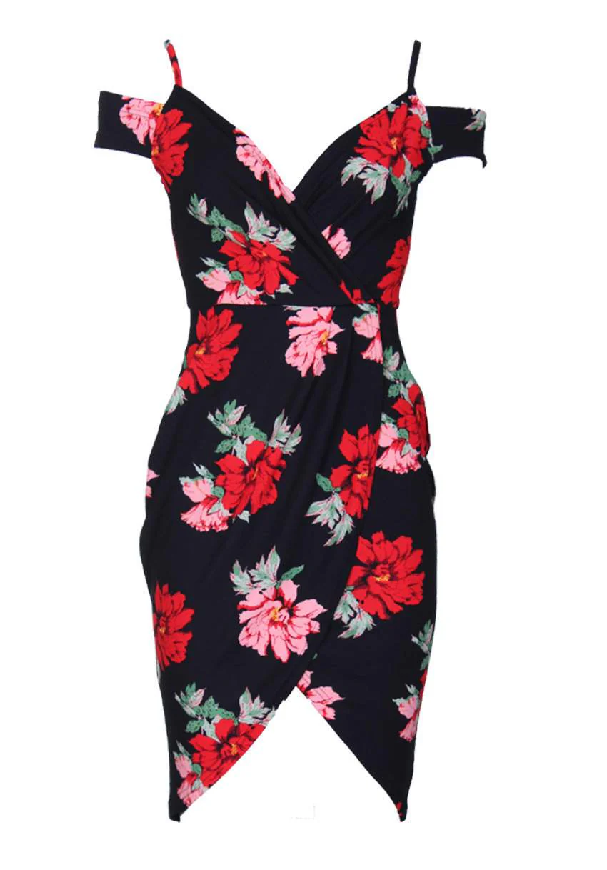 Black Floral Wrap Midi Dress - Image 4