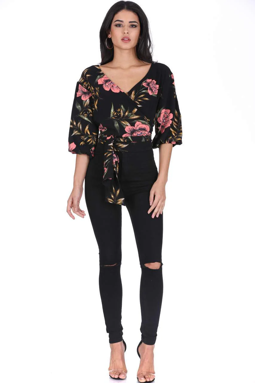 Black Floral Wrap Top - Image 2