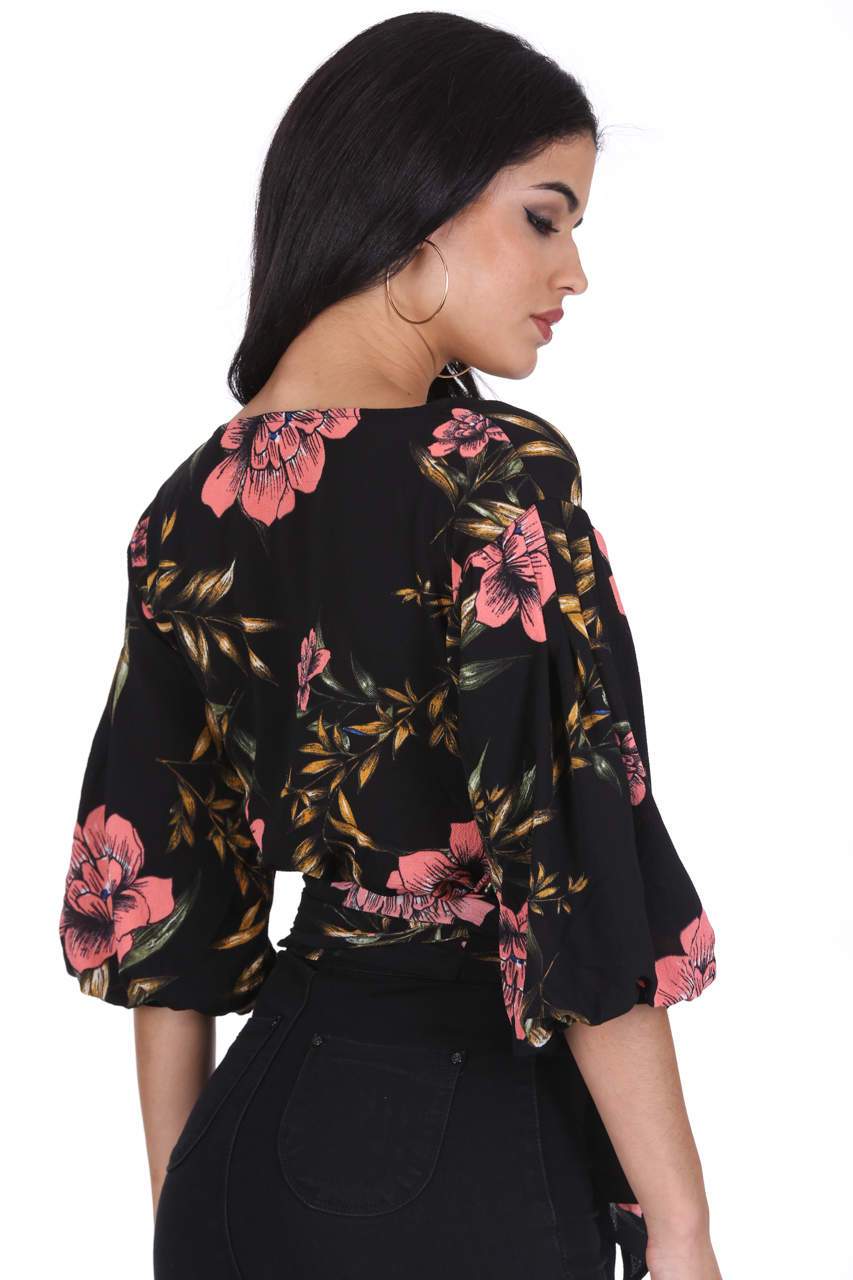 Black Floral Wrap Top - Image 3