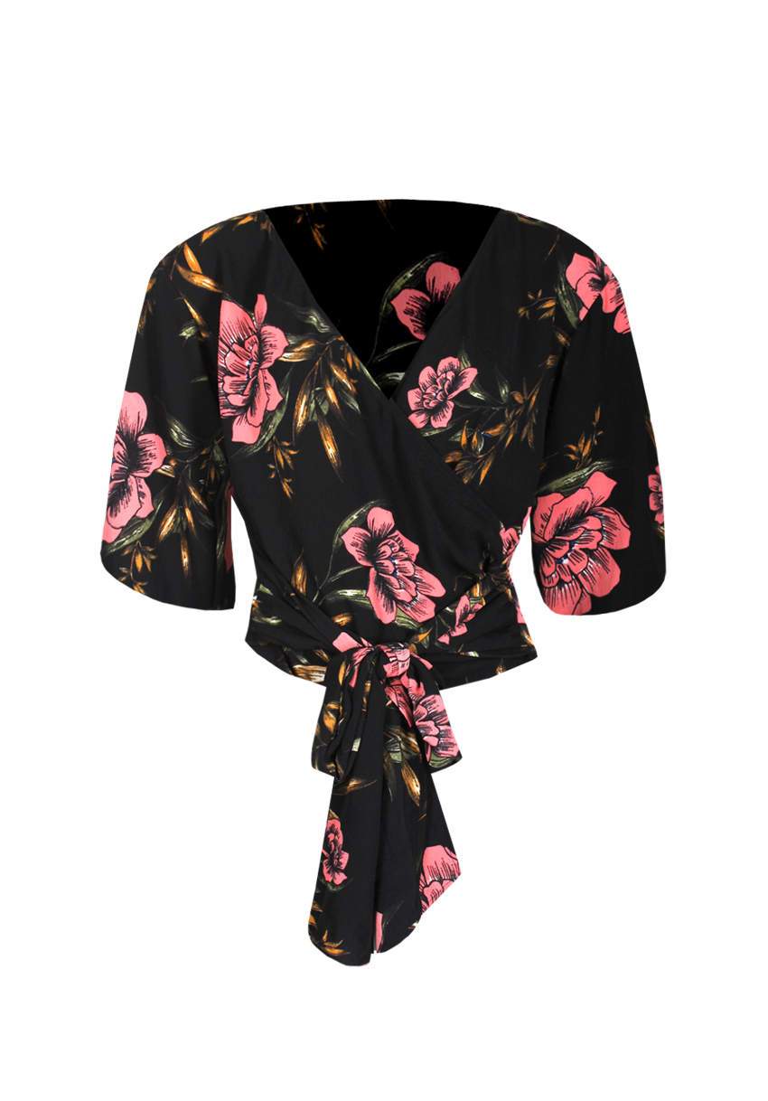 Black Floral Wrap Top - Image 4