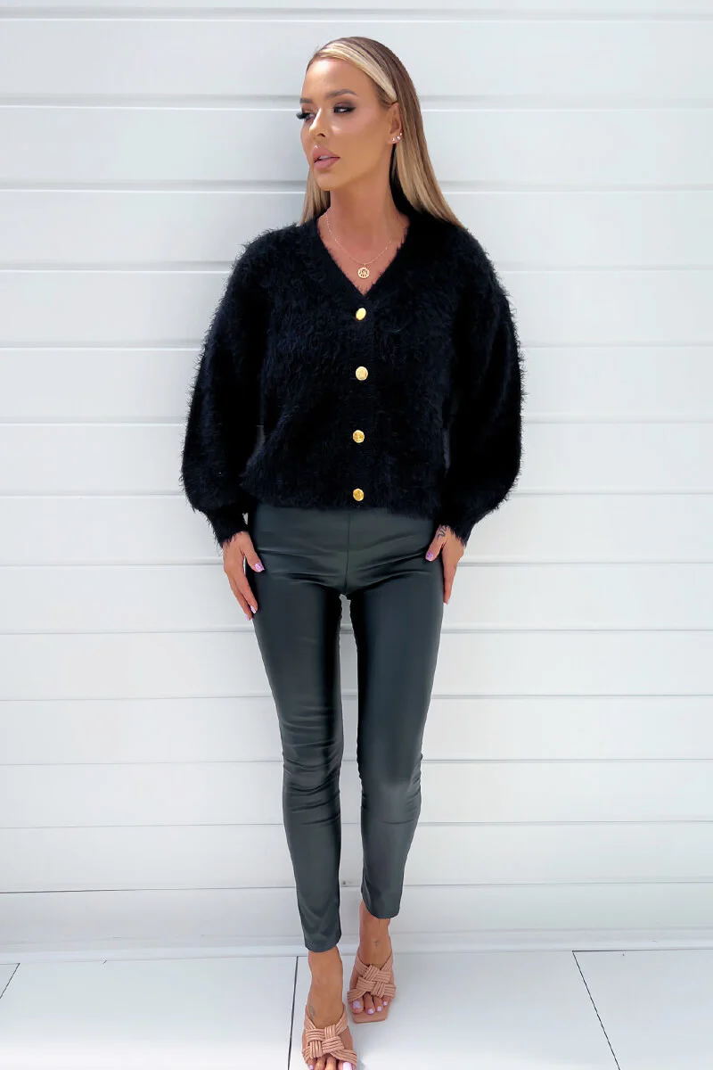 Black Fluffy Knit Button Front Cropped Cardigan - Image 2