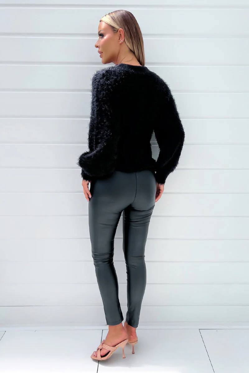 Black Fluffy Knit Button Front Cropped Cardigan - Image 3