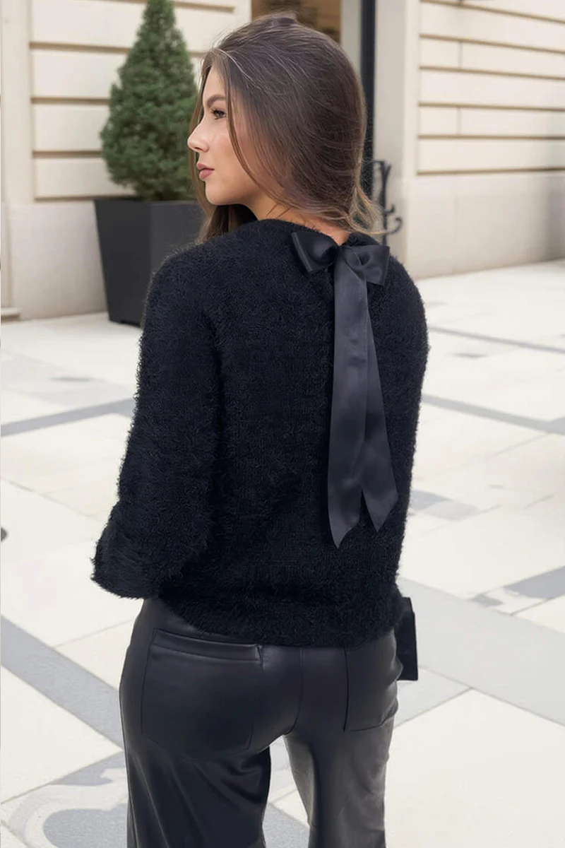 Black Fluffy Knit Satin Bow Back Jumper - Image 2
