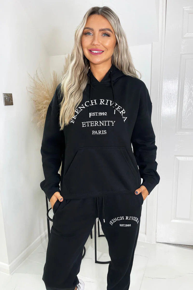 Black French Riviera Embroidered Slogan Hoodie Lounge Set - Image 2