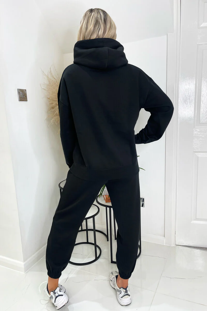 Black French Riviera Embroidered Slogan Hoodie Lounge Set - Image 4