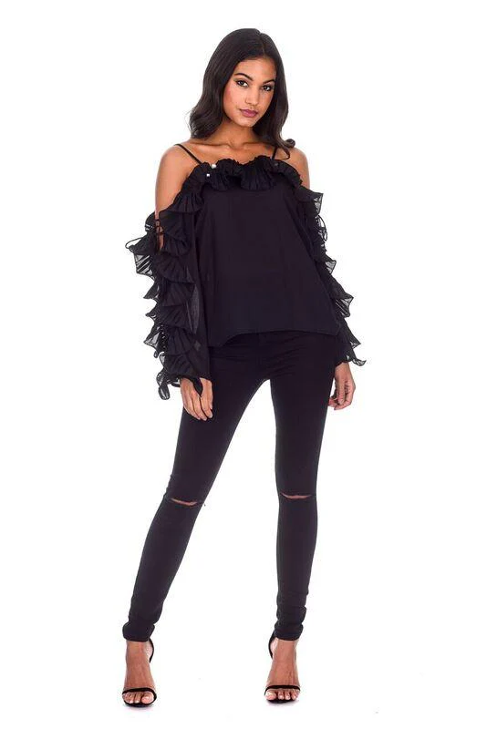 Black Frill Detail Off The Shoulder Top - Image 2