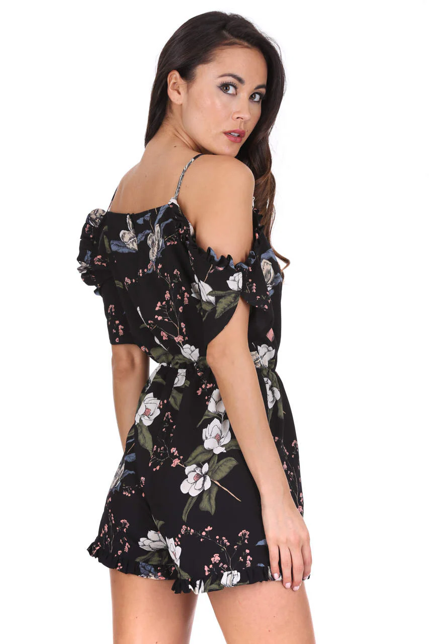 Black Frill Hem Floral Playsuit - Image 3