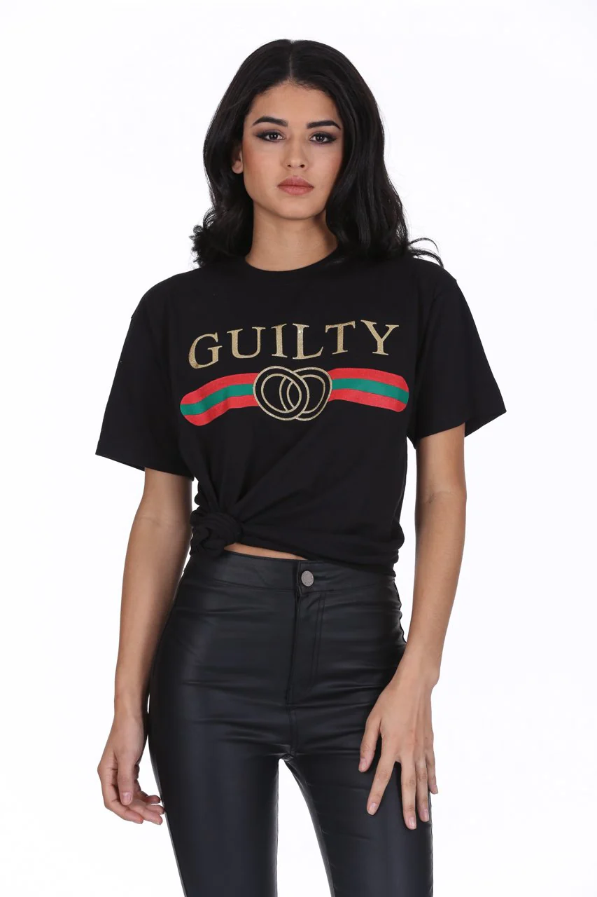 Black Glitter Guilty Slogan Top - Image 2