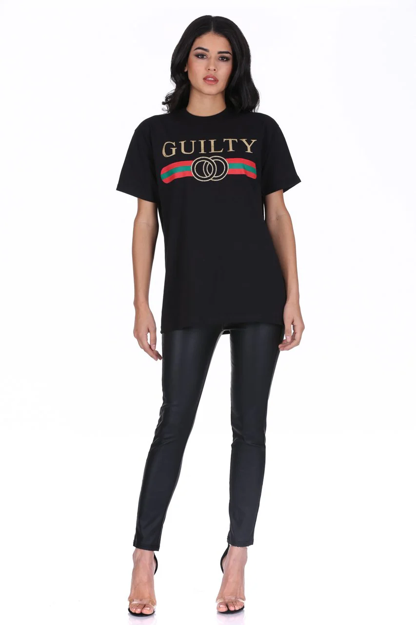 Black Glitter Guilty Slogan Top - Image 3