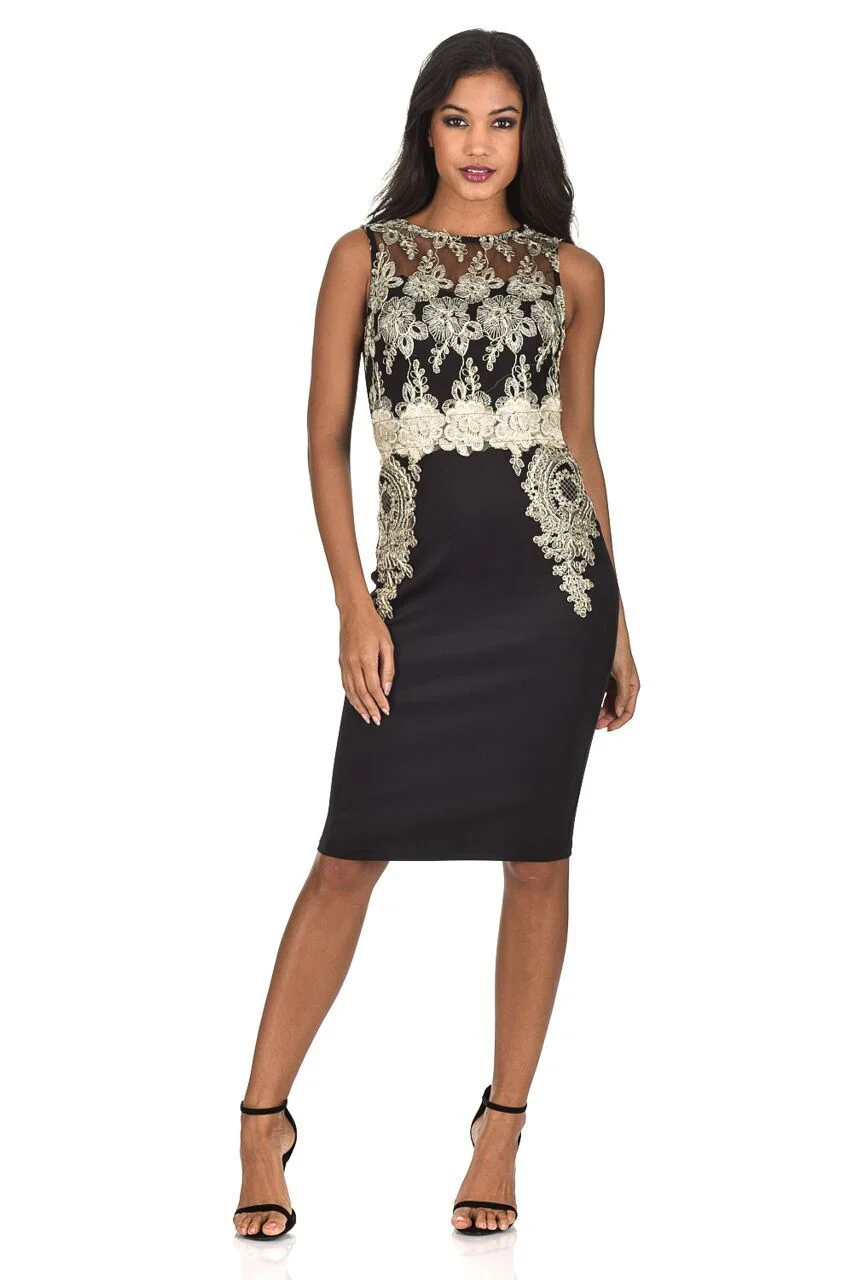 Black Gold Lace Midi Dress - Image 2