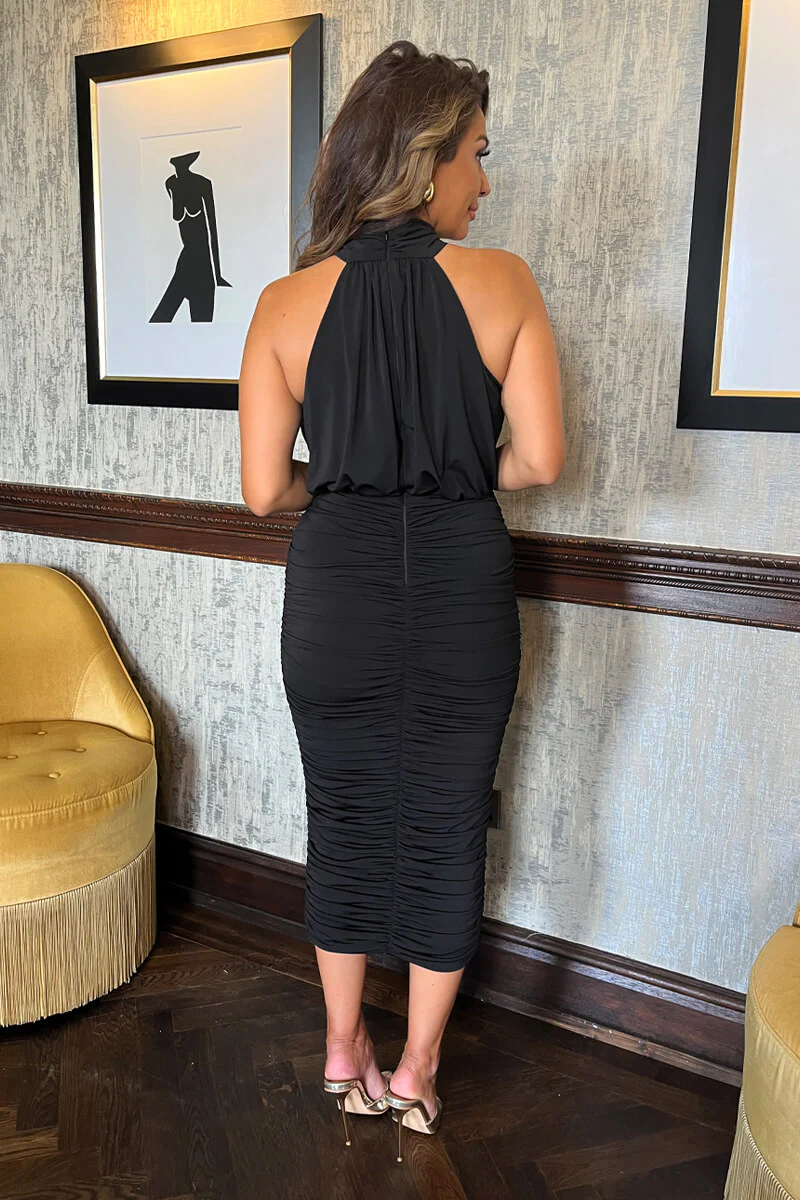 Black Halter Neck Ruched Bodycon Midi Dress - Image 5