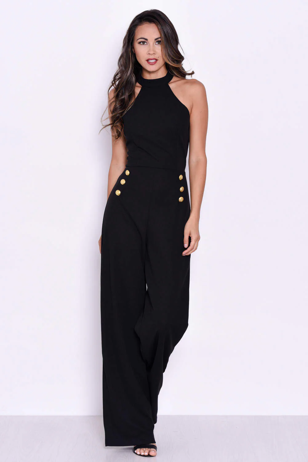 Black Halterneck Jumpsuit With Military Buttons - Image 4
