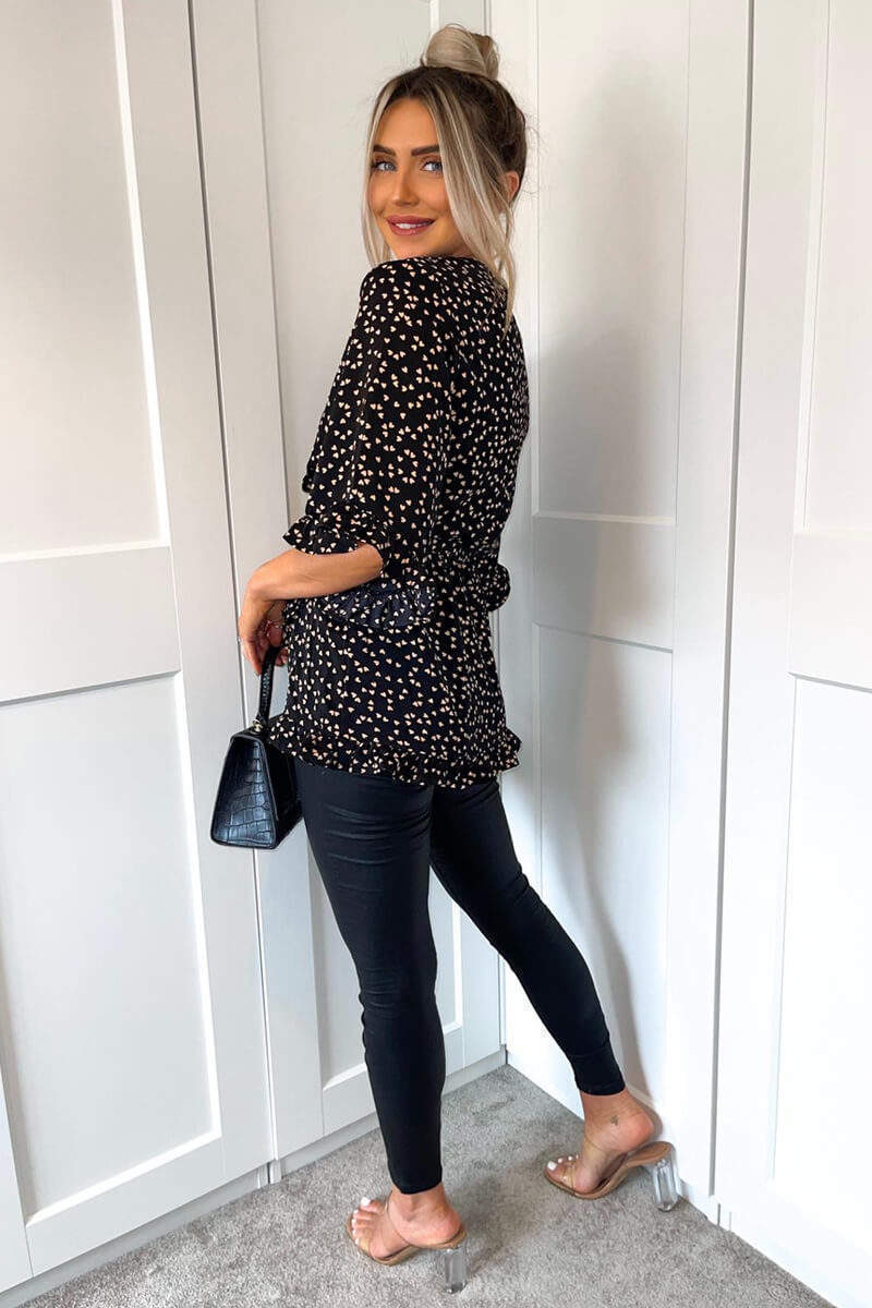 Black Heart Print Frill Hem Wrap Top - Image 3