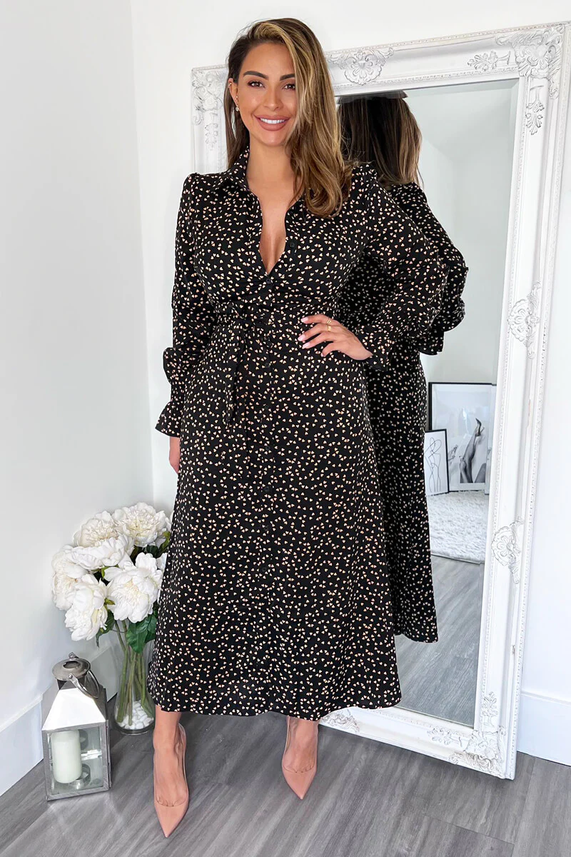 Black Heart Printed Tie Waist Midi Shirt Dress - Image 3