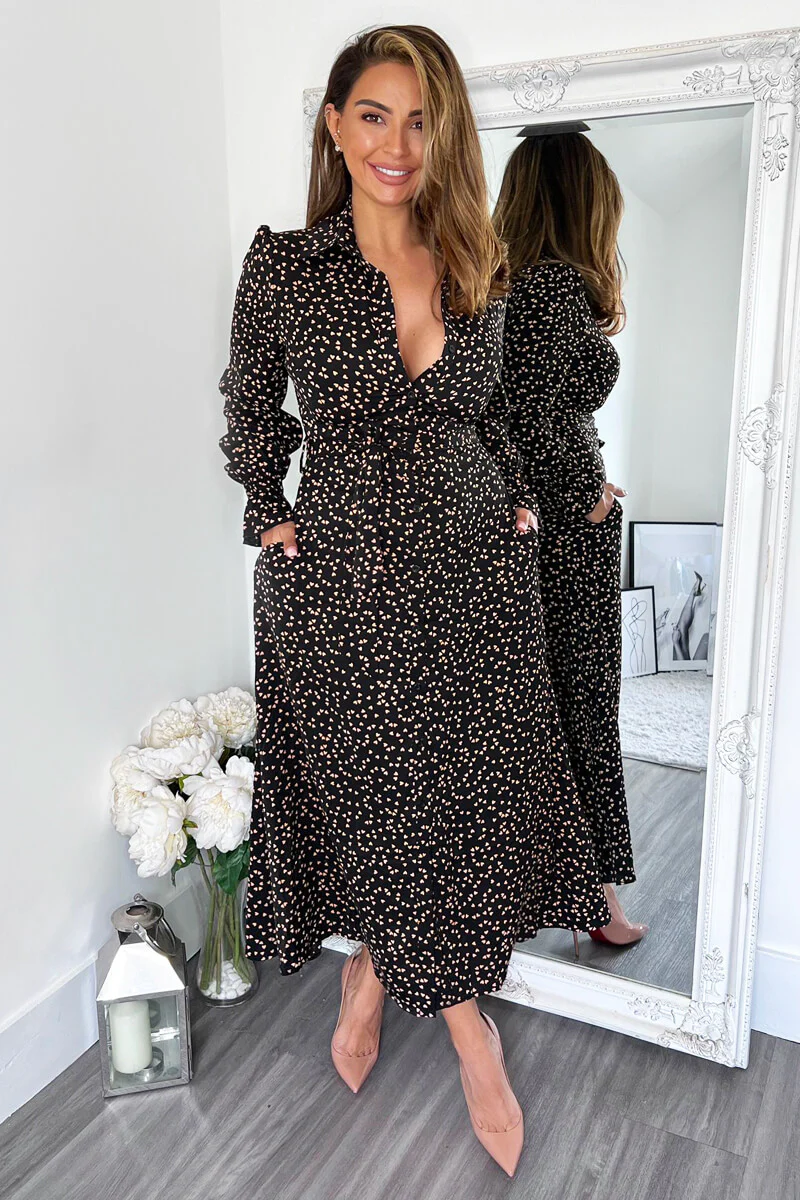 Black Heart Printed Tie Waist Midi Shirt Dress - Image 4
