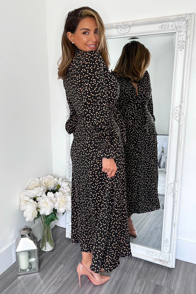 Black Heart Printed Tie Waist Midi Shirt Dress - Image 6