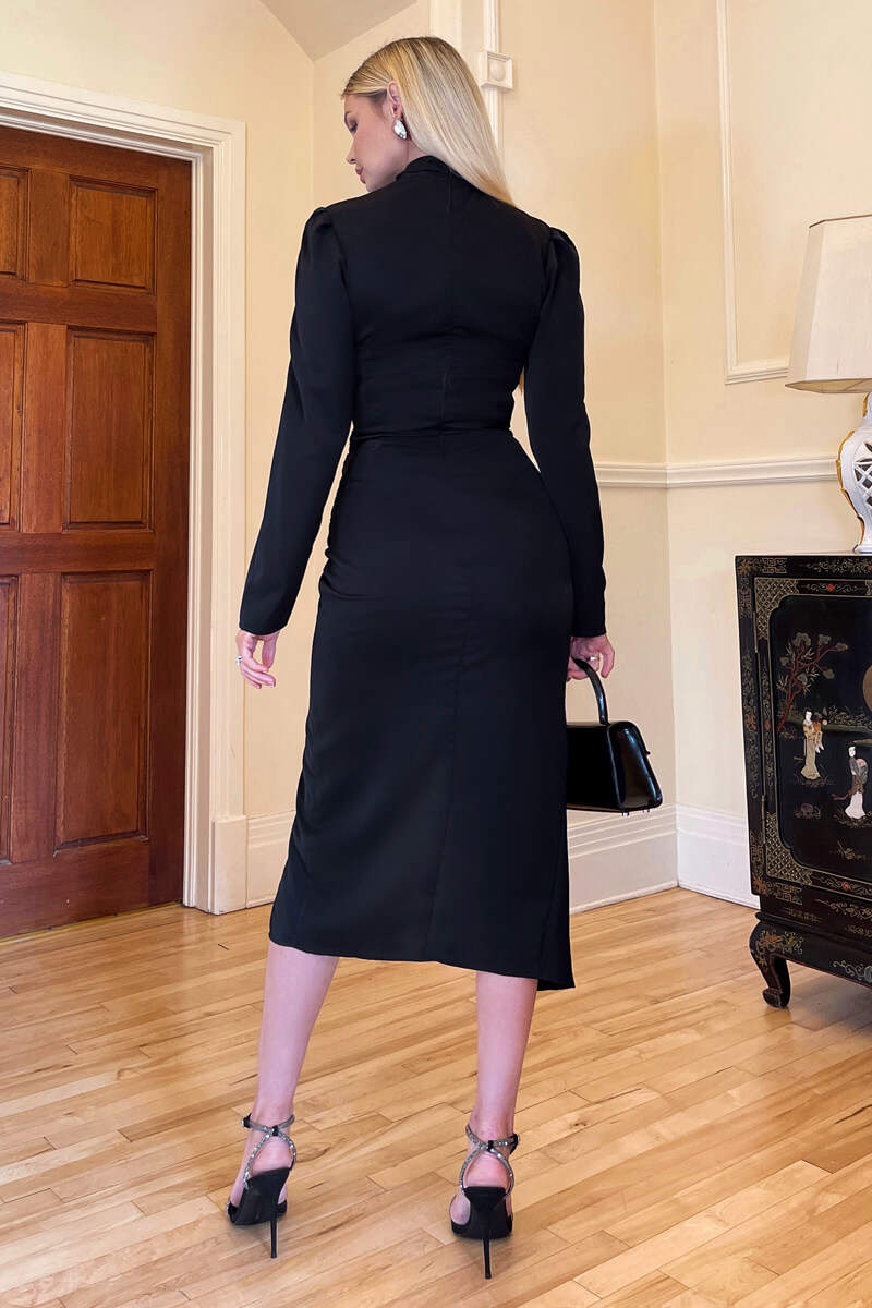 Black High Knot Neck Wrap Midi Dress - Image 5
