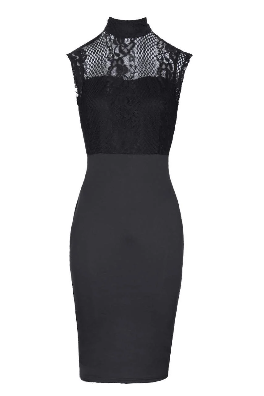 Black High Neck Lace Detail Midi Dress - Image 4