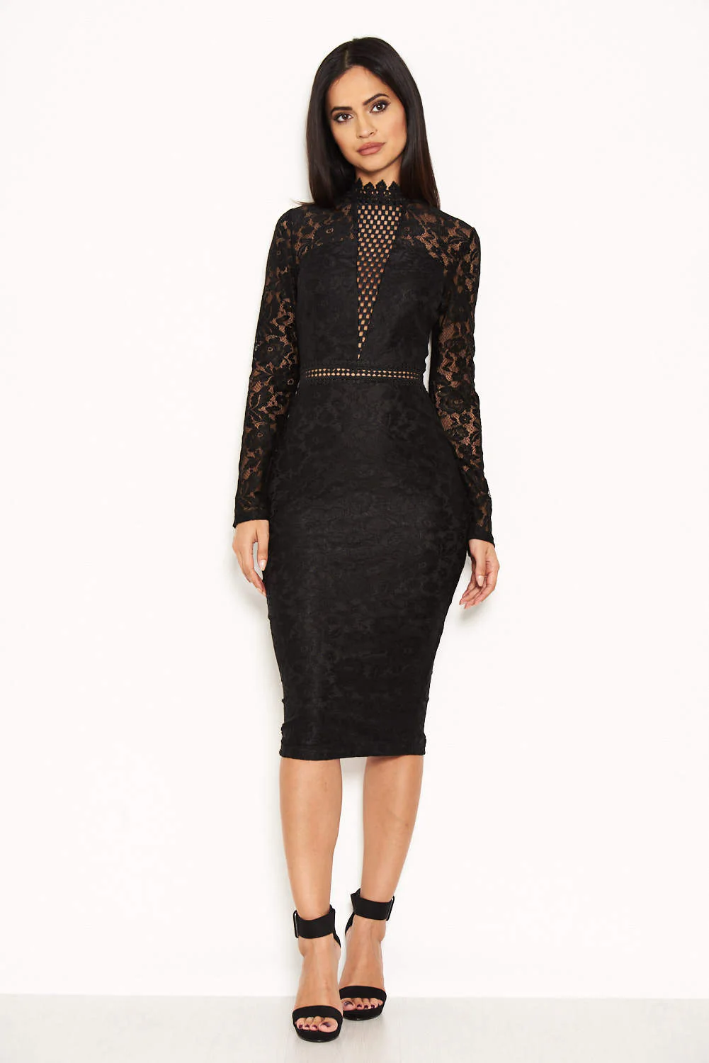 Black High Neck Lace Dress With Frill Hem - Image 2
