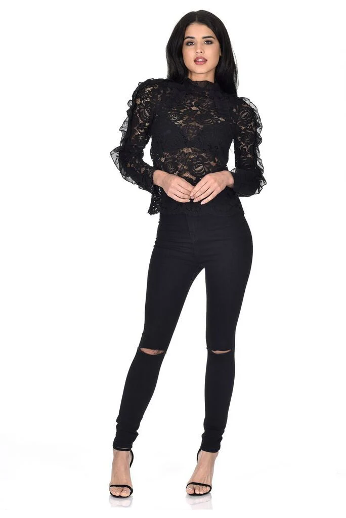 Black High Neck Lace Ruffle Detail Top - Image 2