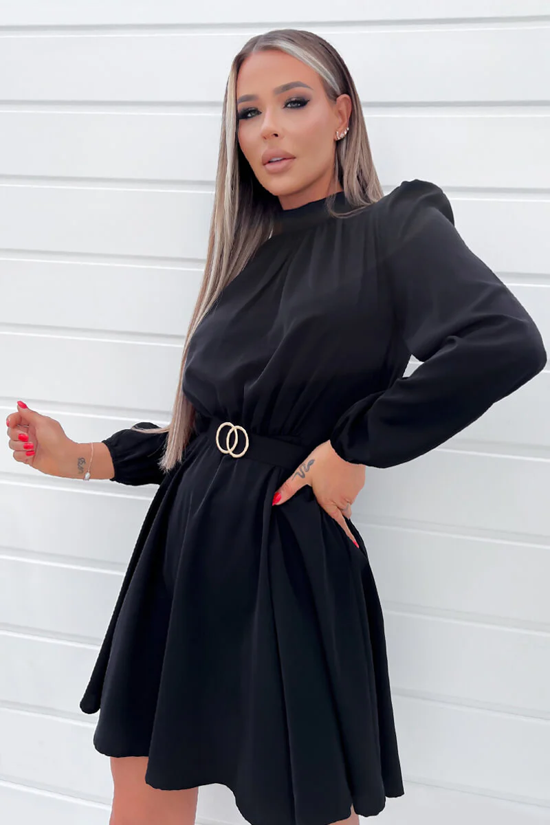 Black High Neck Long Puff Sleeve Belted Skater Dress - Image 3